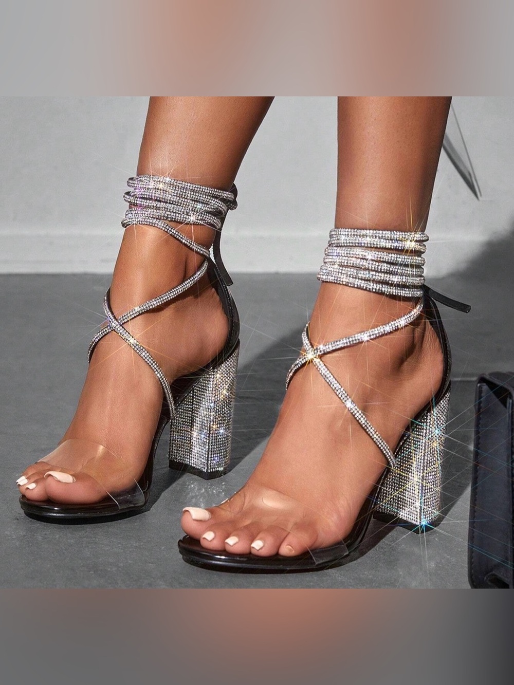 CUCCOO SZL Womans Embellished Silver Ankle Wrap Block Heel Sandals